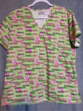 Smart Scrubs Green & Pink Word-Print V-Neck Short Sleeve Top